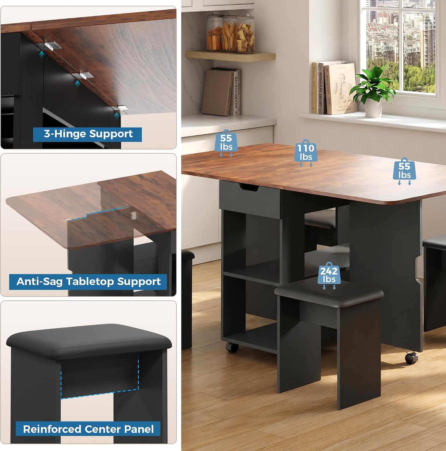 Mondeer Folding Dining Table and Chairs Set 4, 55" Space Saving Table with 4 Cushioned Stools, 2 Drawers and Storage Shelves, Foldable Table and Chairs for Kitchen Dining Room Living Room