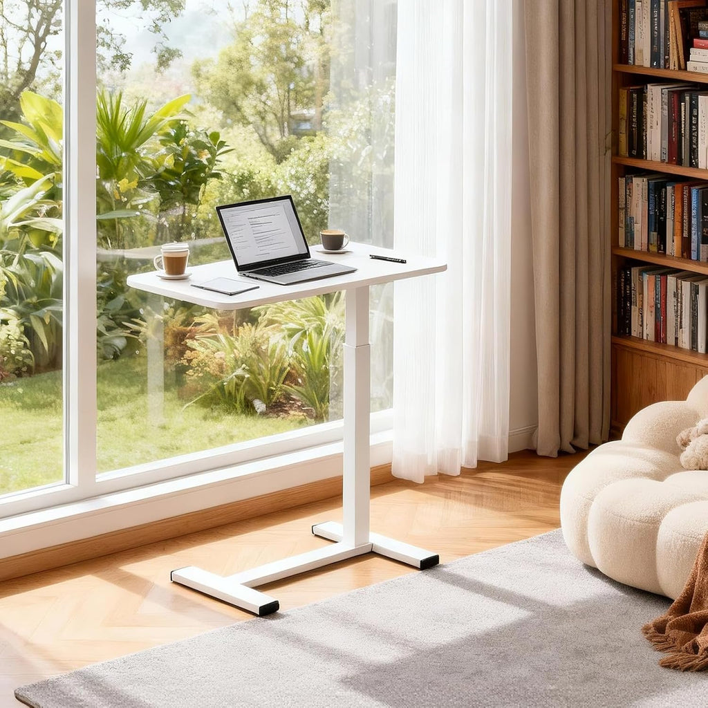Pneumatic Adjustable Height C-Shaped End Table,Slides Under Furniture, Hospital Bed Table Side Table for Sofa & Bedside, Hidden Wheels for Small Spaces(15.8''Wx31.5'D'x37.1''H,White)
