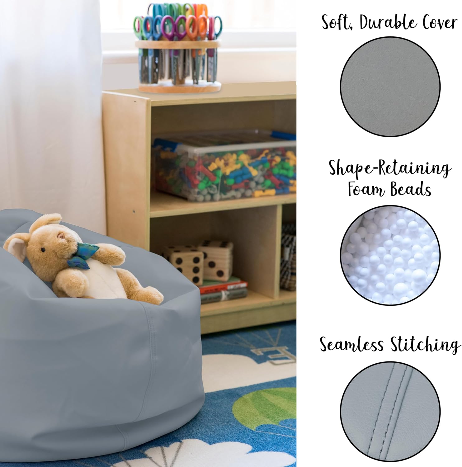 FDP SoftScape Classic 26" Junior Bean Bag Chair, Furniture for Kids, Perfect for Reading, Playing Video Games or Relaxing, Alternative Seating for Classrooms, Daycares, Libraries or Home - Gray