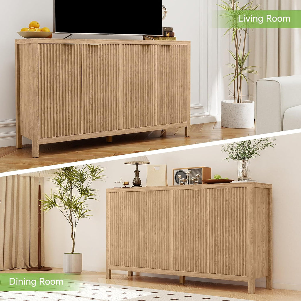 Real Relax Fluted Sideboard Buffet Cabinet with Storage, 55" Modern Sideboard Credenza Cabinet with 4 Doors, Coffee Bar Buffet Table for Dining Room, Kitchen, and Living Room, 55"x15.4"x32.8", Oak