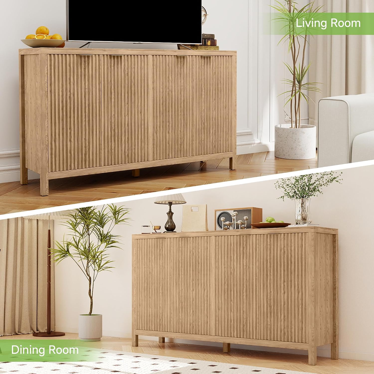 Real Relax Fluted Sideboard Buffet Cabinet with Storage, 55" Modern Sideboard Credenza Cabinet with 4 Doors, Coffee Bar Buffet Table for Dining Room, Kitchen, and Living Room, 55"x15.4"x32.8", Oak