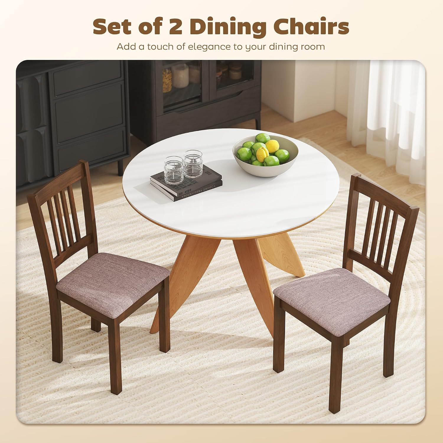 HOMCOM Dining Chairs Set of 2, Upholstered Kitchen Chairs with Rubberwood Frame, Padded Seat and Slat-Back for Living Room, Dining Room, Kitchen, Walnut