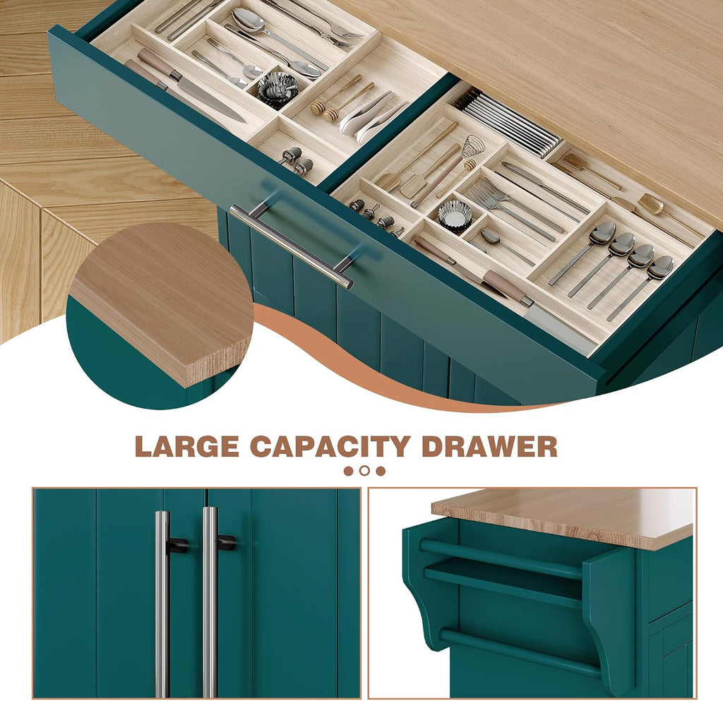 Kitchen Island with Storage, Wooden Countertop Rolling Kitchen Island On Wheels Storage Cabinet, Mobile Kitchen Island Cart with Towel Rack, Spice Rack and Drawers,Green