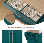Kitchen Island with Storage, Wooden Countertop Rolling Kitchen Island On Wheels Storage Cabinet, Mobile Kitchen Island Cart with Towel Rack, Spice Rack and Drawers,Green