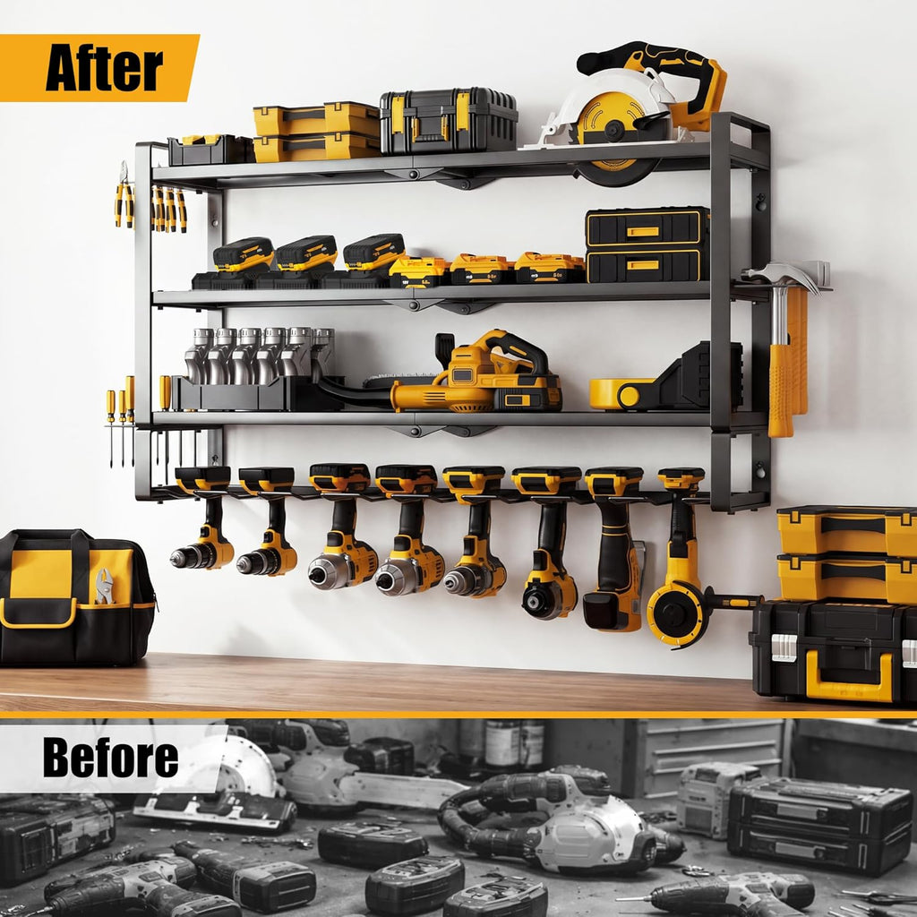 MOOMSINE Large Power Tool Organizer Wall Mount, 4-Tier Heavy Duty Metal Storage Rack Loads 400lbs, Battery Tools Hanger with 8 Cordless Drill Holder for Garage, Workshop, Pegboard, Shed