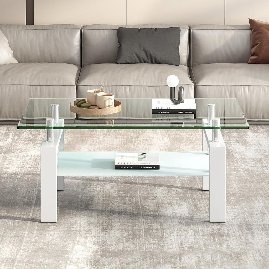 Tempered Glass Coffee Table Set of 3 Coffee Table and End Tables Set,Living Room Tables Set,Coffee Table & Side Table Set of 2,Glass Table Top,Metal Legs (White)