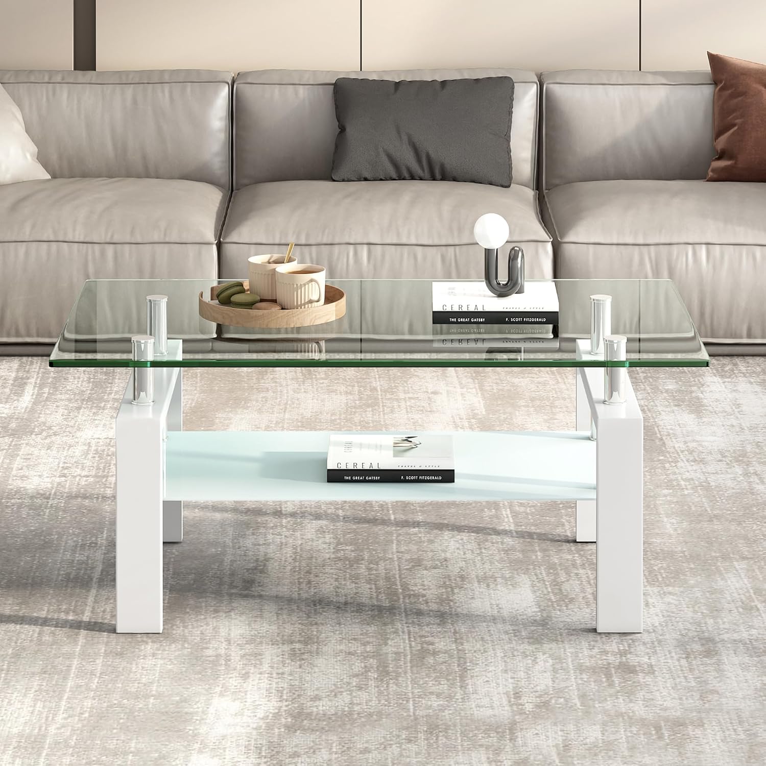 Tempered Glass Coffee Table Set of 3 Coffee Table and End Tables Set,Living Room Tables Set,Coffee Table & Side Table Set of 2,Glass Table Top,Metal Legs (White)