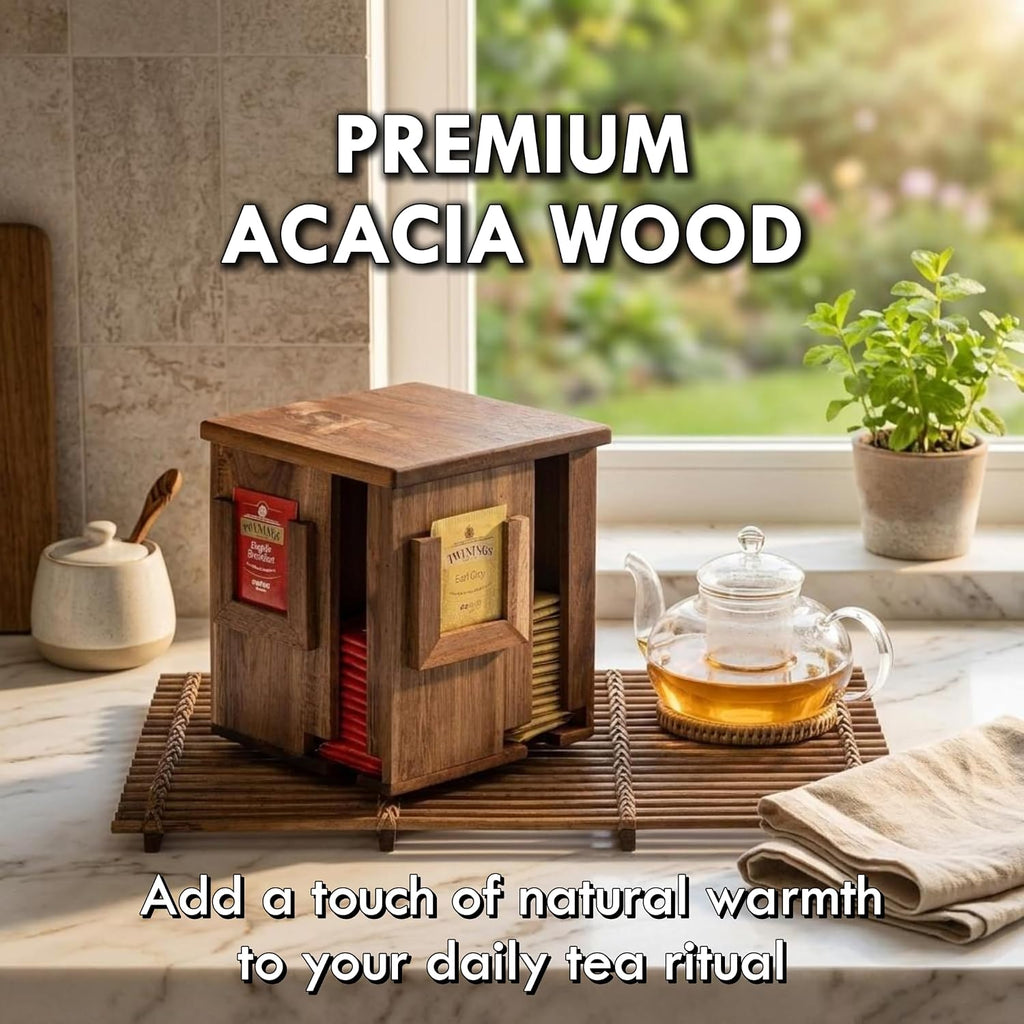 Rotating Tea Bag Organizer, Acacia Wood, 4-Sided | Storage Box, For Home or Office, 4-Sided Rotating Design