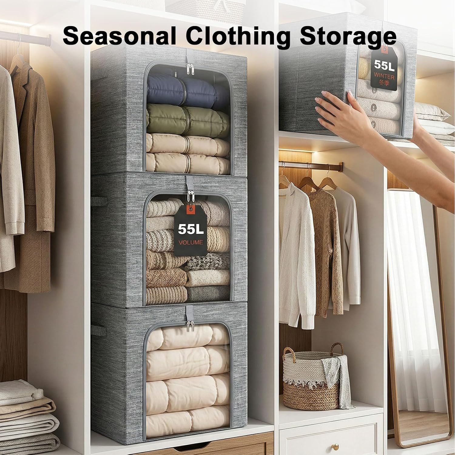 GoMaihe Clothes Storage Bins Metal Frame: 55L Extra Large Stackable Closet Storage Organizer with Lid & Clear Window, Heavy Duty Blanket Boxes for Winter Coats Comforters (Fits Deep Closet 4-Pack)