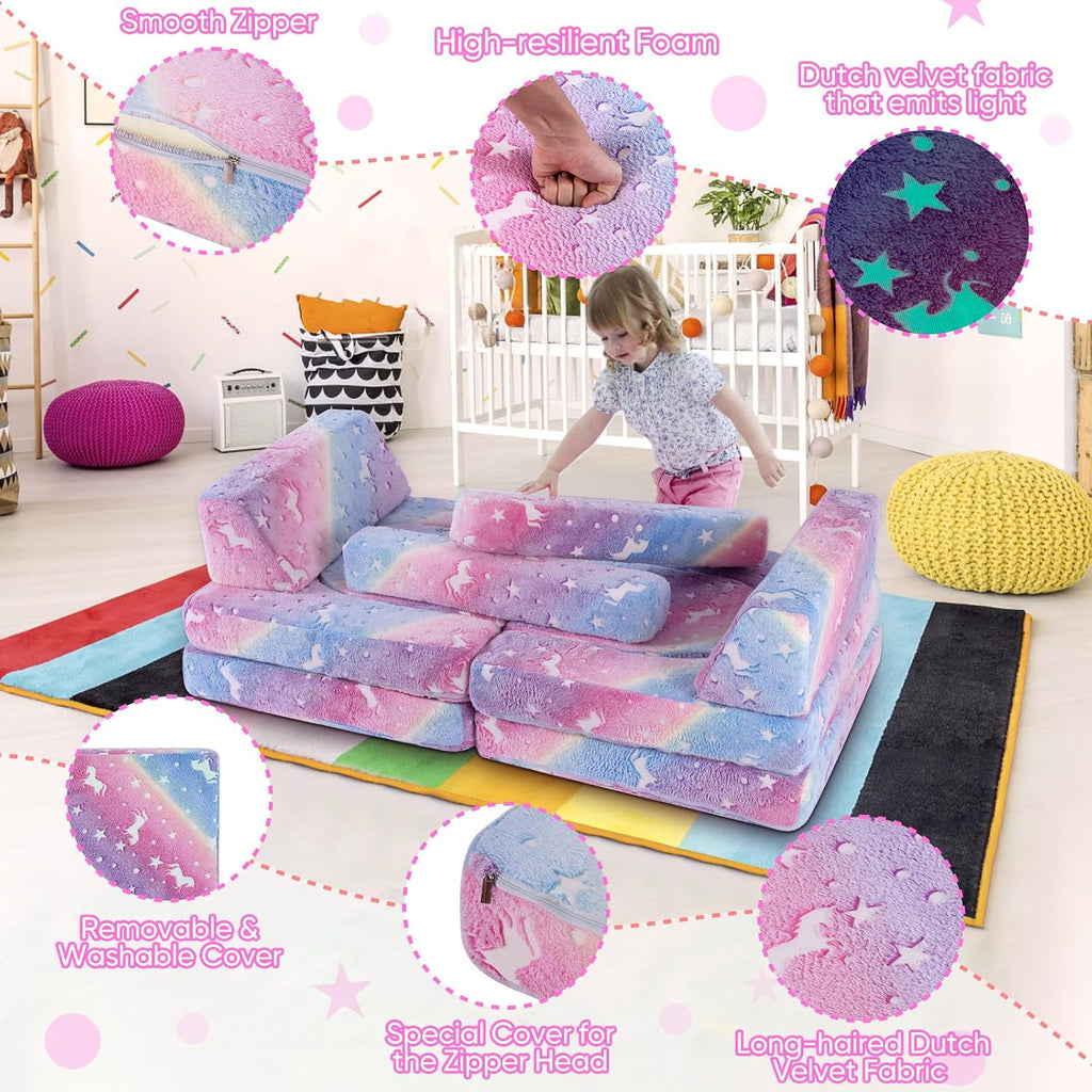 13 PCS Kids Modular Play Set, Glowing Toddler Couch, Kid Play Sofa for Playroom and Bedroom (Rainbow)