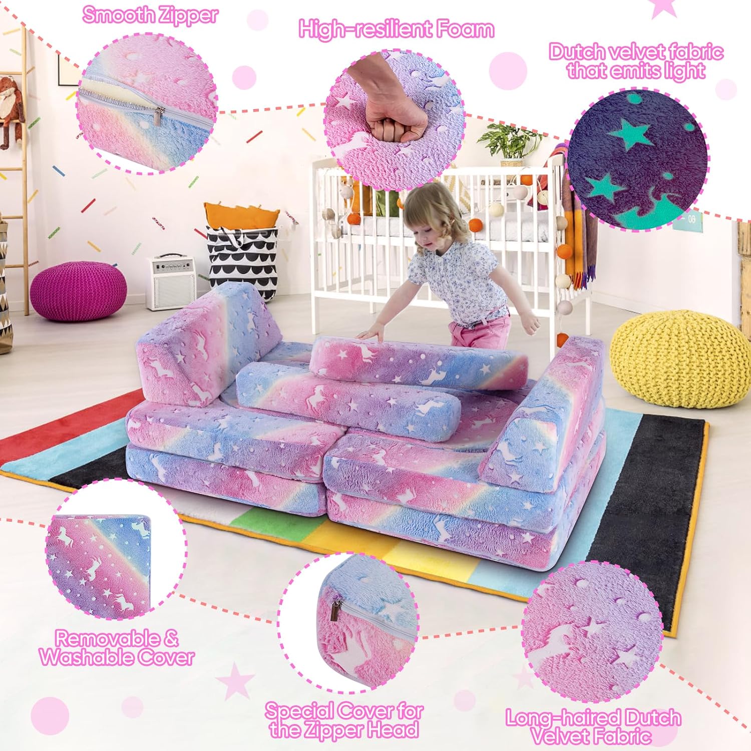 13 PCS Kids Modular Play Set, Glowing Toddler Couch, Kid Play Sofa for Playroom and Bedroom (Rainbow)
