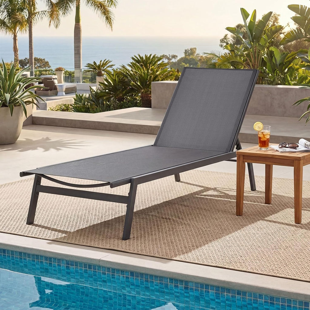 Tangkula Outdoor Chaise Lounge Chair Set of 2, 6-Position Adjustable Reclining Chair with Breathable Fabric and Heavy Duty Steel Frame, Patio Lounge Chair for Garden, Backyard and Poolside (2, Gray)