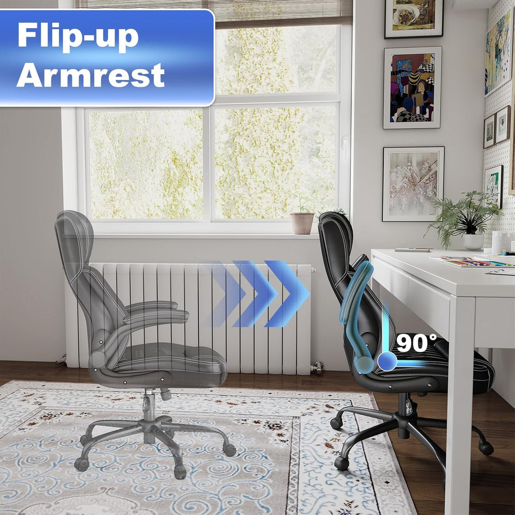 Executive Office Chair with Lumbar Support, High-Back Leather Ergonomic Computer Desk Chair with Flip-Up Arms, Height Adjustable and 360° Swivel, Rocking Function, for Home and Office, Black