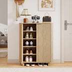 Fluted Entryway Shoe Storage Cabinet with Doors, 5 Tier 39'' Tall Freestanding Modern Shoe Rack Organizer Cabinet with 3 Adjustable Shelves for Hallway, Foyer, Entrance, MDF - Natural