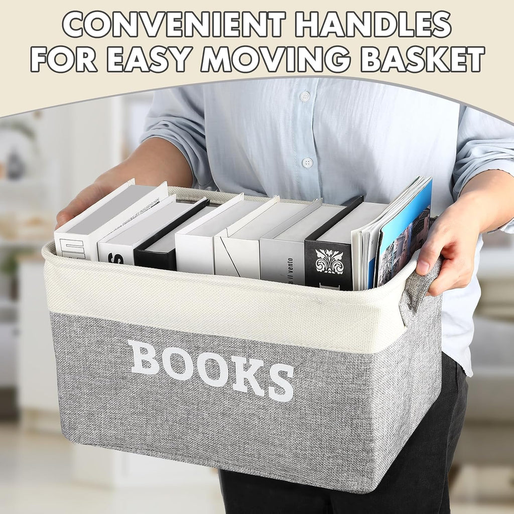 Lukeline Book Storage Baskets for Organizing, 15.5 x 11.6 x 9.4 Storage Basket for Books Cookbook and Recipe, Collapsible Storage Bin, Decorative Baskets for Home, Shelves, Classroom (BOOKS)