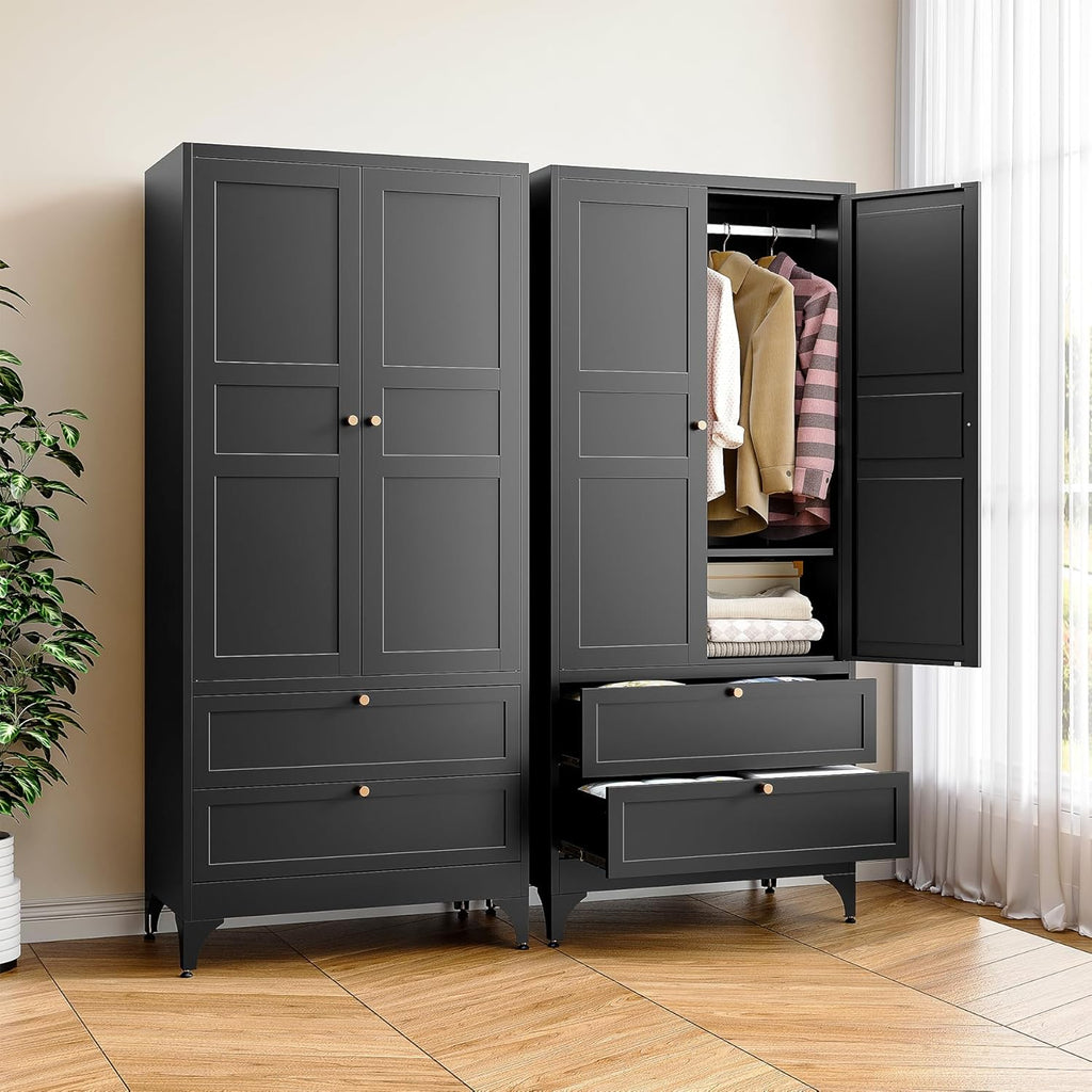 BYNSOE 71" Tall Metal Wardrobe Closet with 2 Drawers, Steel Armoire Cabinet with Hanging Rod and Adjustable Shelves, Freestanding Clothes Storage Organizer for Bedroom(Black, with 2 Drawers)