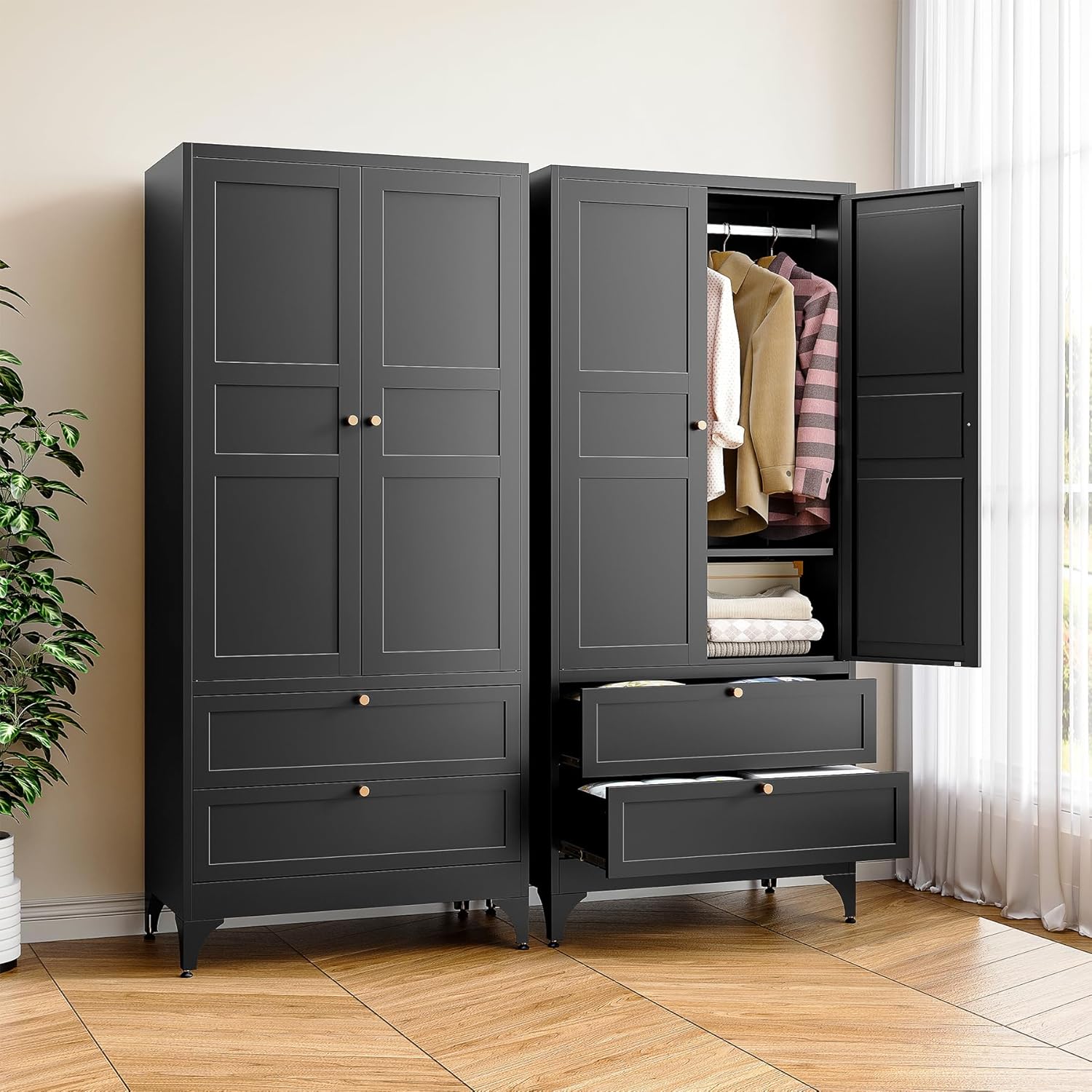 BYNSOE 71" Tall Metal Wardrobe Closet with 2 Drawers, Steel Armoire Cabinet with Hanging Rod and Adjustable Shelves, Freestanding Clothes Storage Organizer for Bedroom(Black, with 2 Drawers)