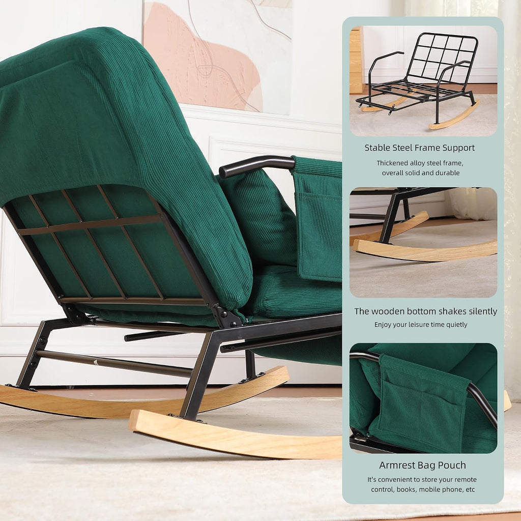 Oversized Reclining Rocking Chair with Foot Rest, 110°–160° Adjustable Backrest, Upholstered Armchair with Side Pocket for Nursery and Living Room, Green