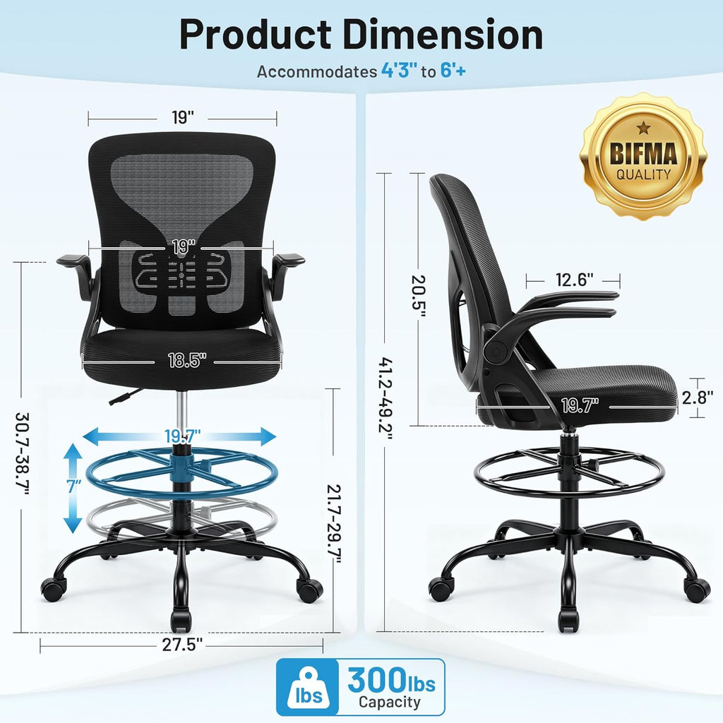 Drafting Chair for Standing Desk, Tall Office Chair with 22"-30" Seat Height &7" Lift Footrest Ring, Ergonomic Executive Mesh Computer Counter Stool with Lumbar Support &Flip-up Arms for Artist