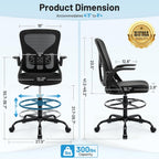 Drafting Chair for Standing Desk, Tall Office Chair with 22"-30" Seat Height &7" Lift Footrest Ring, Ergonomic Executive Mesh Computer Counter Stool with Lumbar Support &Flip-up Arms for Artist