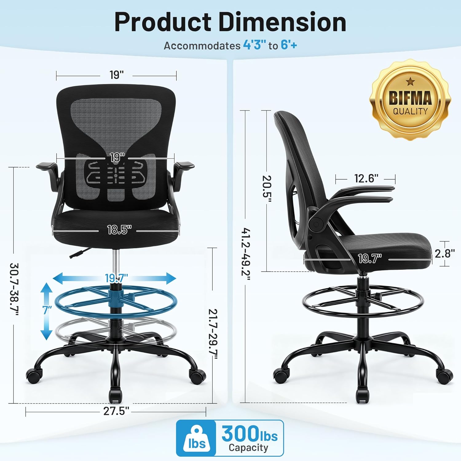 Drafting Chair for Standing Desk, Tall Office Chair with 22"-30" Seat Height &7" Lift Footrest Ring, Ergonomic Executive Mesh Computer Counter Stool with Lumbar Support &Flip-up Arms for Artist