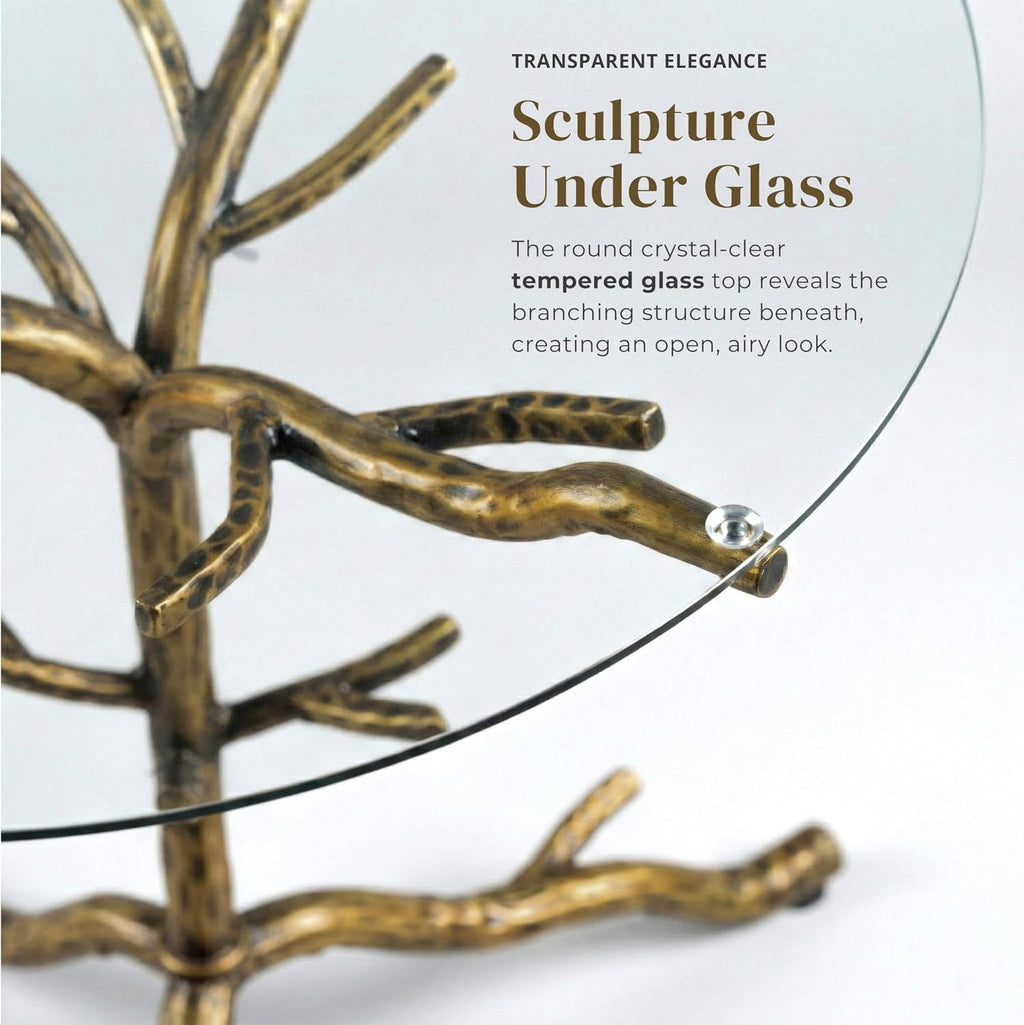 24/7 Shop at Home Lalia Modern Round End Table with Nature-Inspired Branch Base, Tempered Glass Top, Hammered Steel Frame for Living Room, Matte Gold