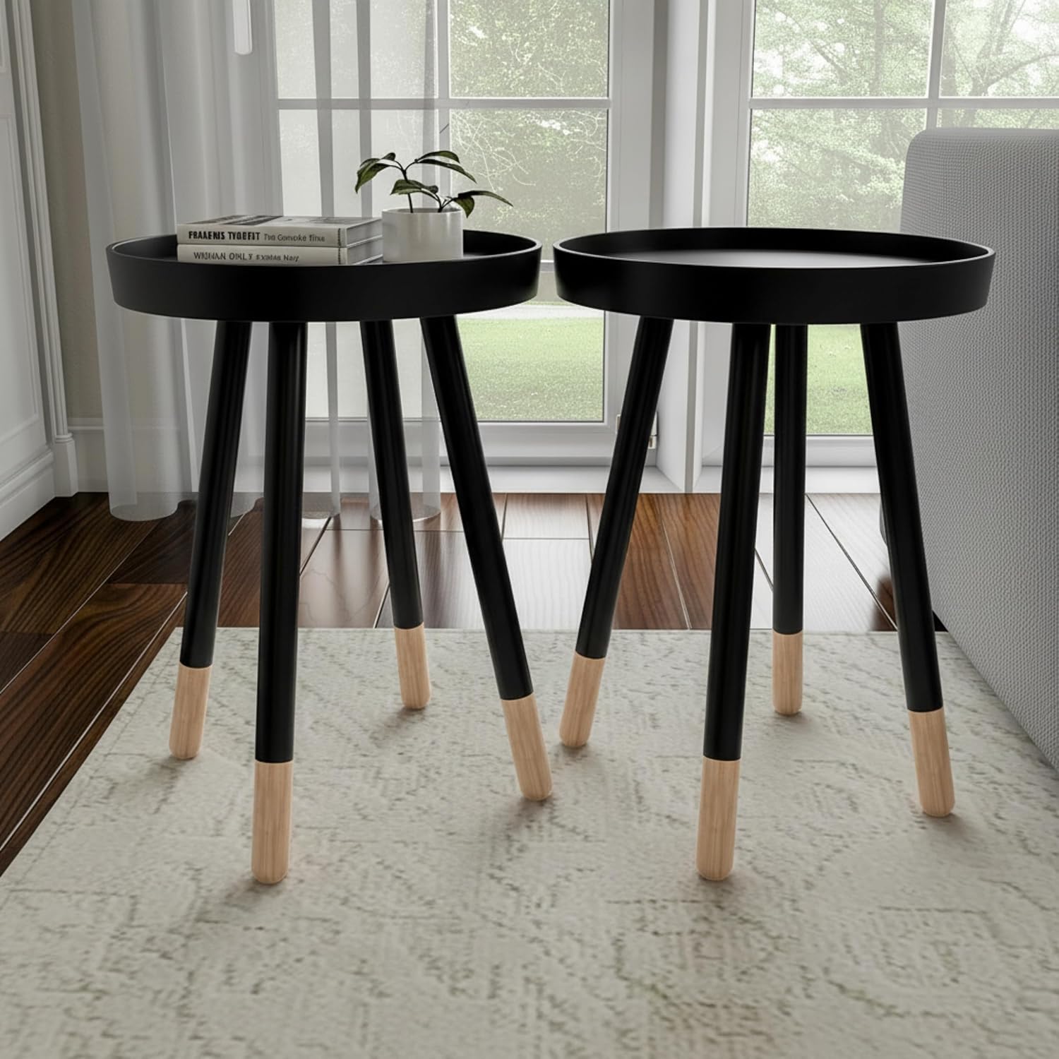 Lavish Home Round End Table Set of 2 – 17 Inch Small Round Side Table Set with Tray Tops and Color-Block Spindle Legs – Wooden Mid Century Modern Living Room Furniture (Black)