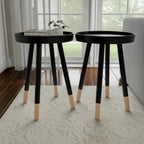 Lavish Home Round End Table Set of 2 – 17 Inch Small Round Side Table Set with Tray Tops and Color-Block Spindle Legs – Wooden Mid Century Modern Living Room Furniture (Black)