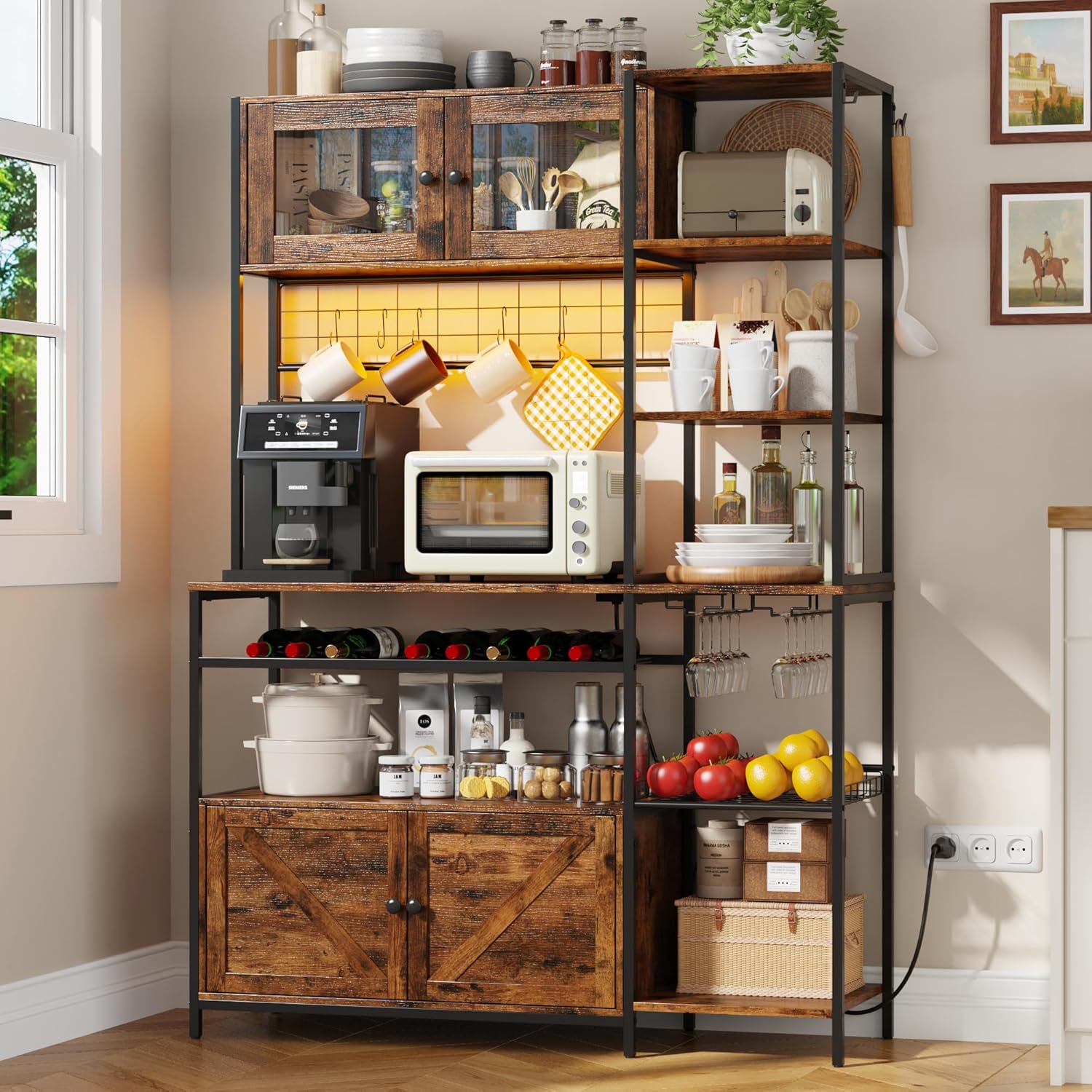 67 in Tall Bakers Rack with Power Outlet & LED Light, Coffee Bar Cabinet with 2 Cabinets, 47.2 in Kitchen Microwave Stand with Shelves Glass Holder and Wine Basket, Mesh Shelves Drainage net