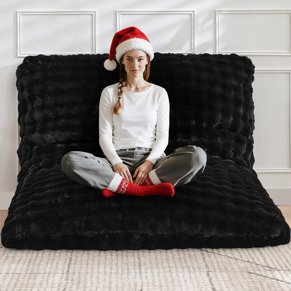 TYBOATLE 3 in 1 Giant Bean Bag Chair for Adults, Plush Fluffy Bean Bag Couch w/High-Density Memory Foam Filling, Convertible Floor Sofa to Mattress for Dorm, Apartment (Black)