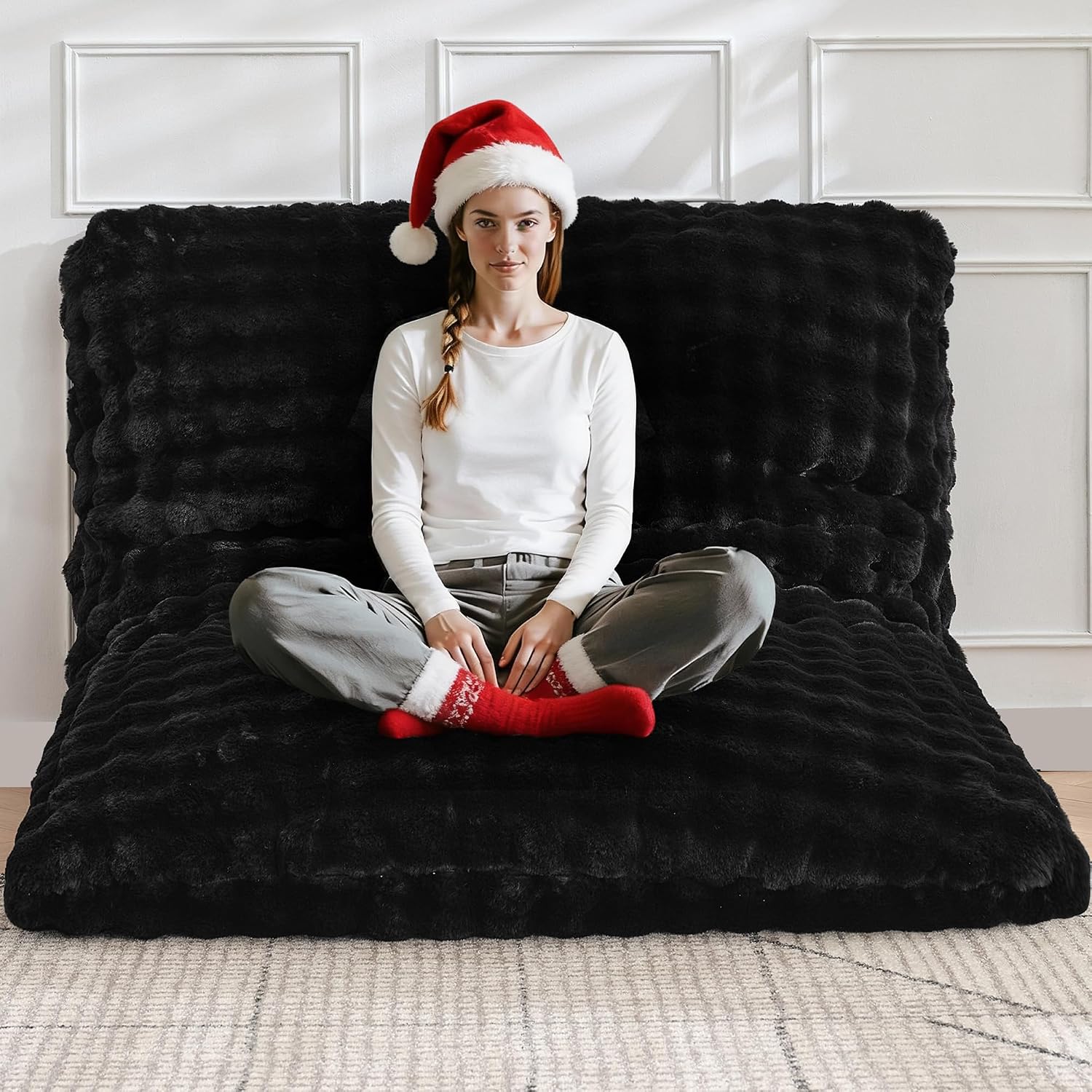 TYBOATLE 3 in 1 Giant Bean Bag Chair for Adults, Plush Fluffy Bean Bag Couch w/High-Density Memory Foam Filling, Convertible Floor Sofa to Mattress for Dorm, Apartment (Black)