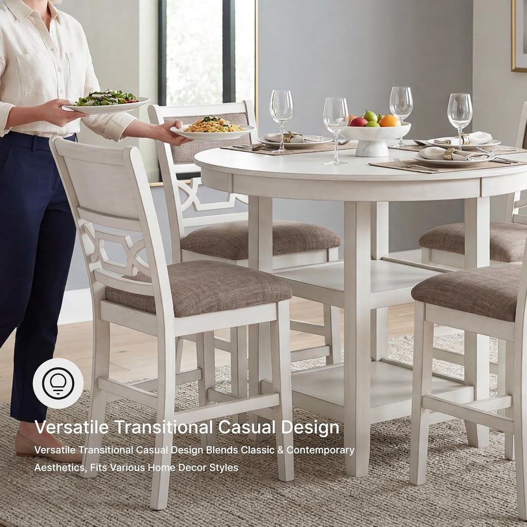 Signature Design by Ashley Erinberg Casual Counter Height Dining Table and 4 Armless Upholstered Bar Stools with Footrest and 2 Shelves, Set of 5, White & Light Gray