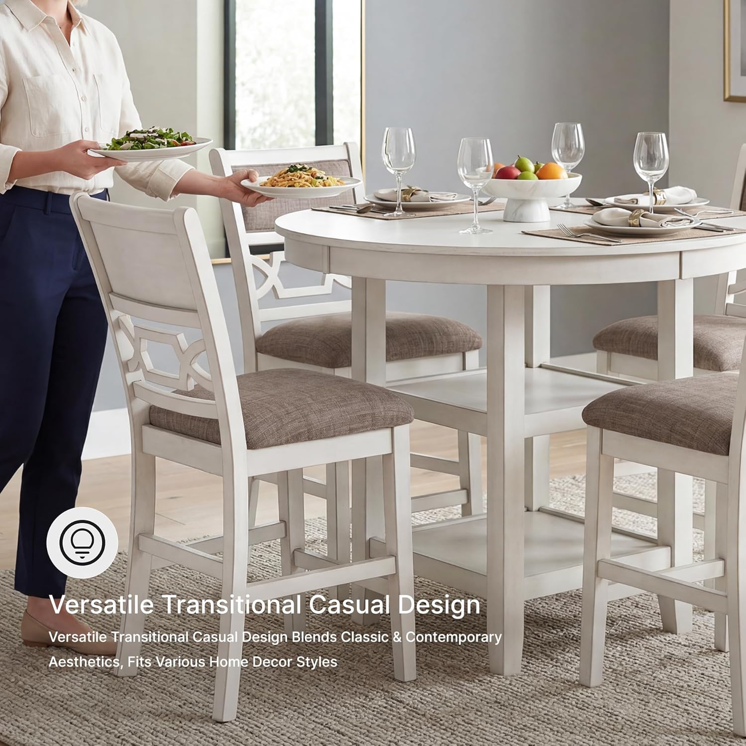 Signature Design by Ashley Erinberg Casual Counter Height Dining Table and 4 Armless Upholstered Bar Stools with Footrest and 2 Shelves, Set of 5, White & Light Gray