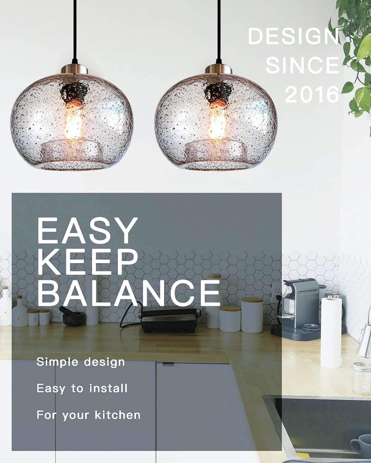 CASAMOTION Hand Blown Clear Glass Pendant Lights with Black Marble, Modern Rustic Kitchen Island Ceiling Hanging Light Fixtures for Dining Room Table Bedroom, Oval Globe 8.7 Inch Diameter, 2 Pack