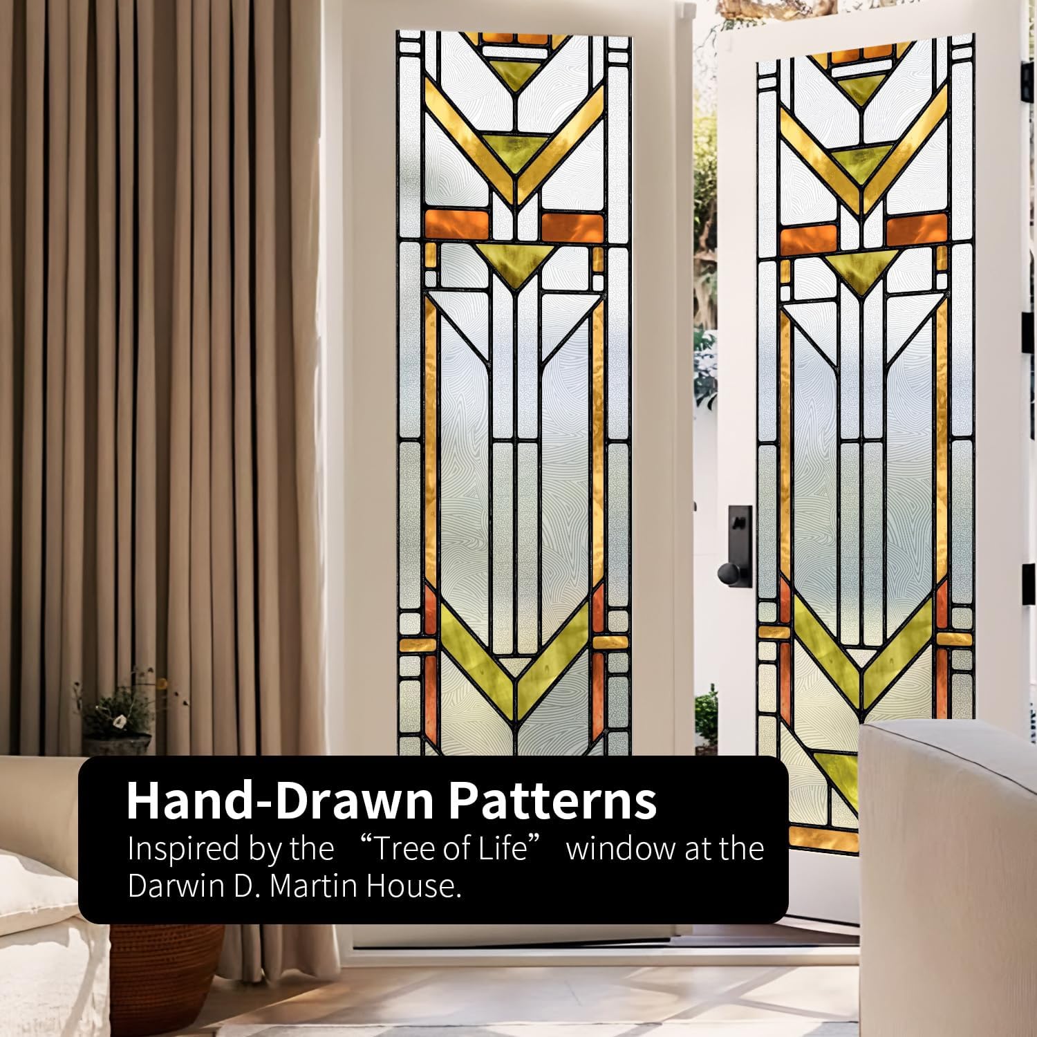 Original Hand Drawn Faux Stained Glass Window Film, Double-Sided Privacy Static Film, Boho Geometry Patterns Inspired by Martin House Peep Proof 22.83"X114.17"