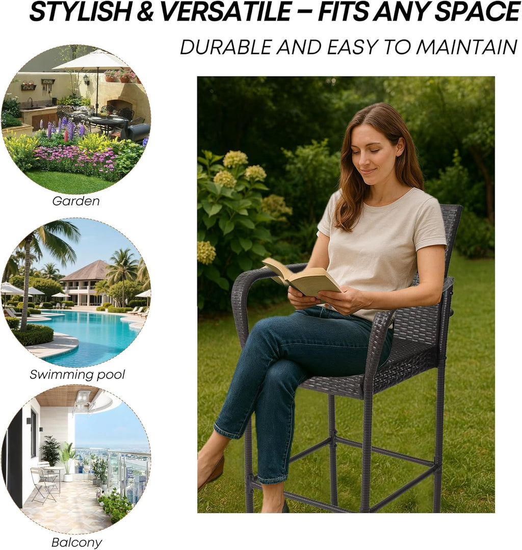 Outdoor Bar Stools Set of 2, Patio Bar Stools with Armrests, All Weather Wicker Rattan Bar Chairs with Backrest for Backyard, Garden, Pool, Balcony and Deck (Brown)