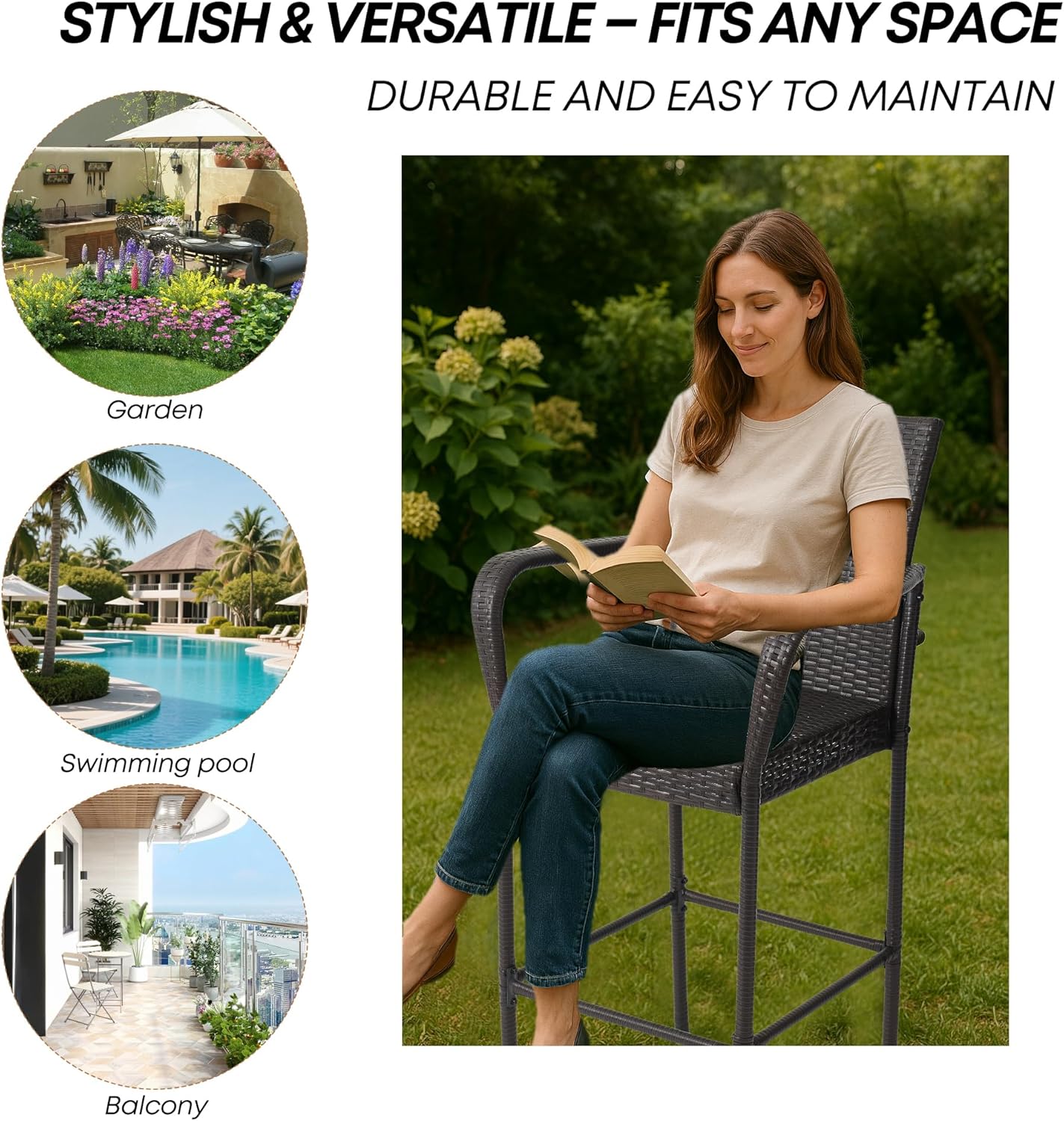 Outdoor Bar Stools Set of 2, Patio Bar Stools with Armrests, All Weather Wicker Rattan Bar Chairs with Backrest for Backyard, Garden, Pool, Balcony and Deck (Brown)