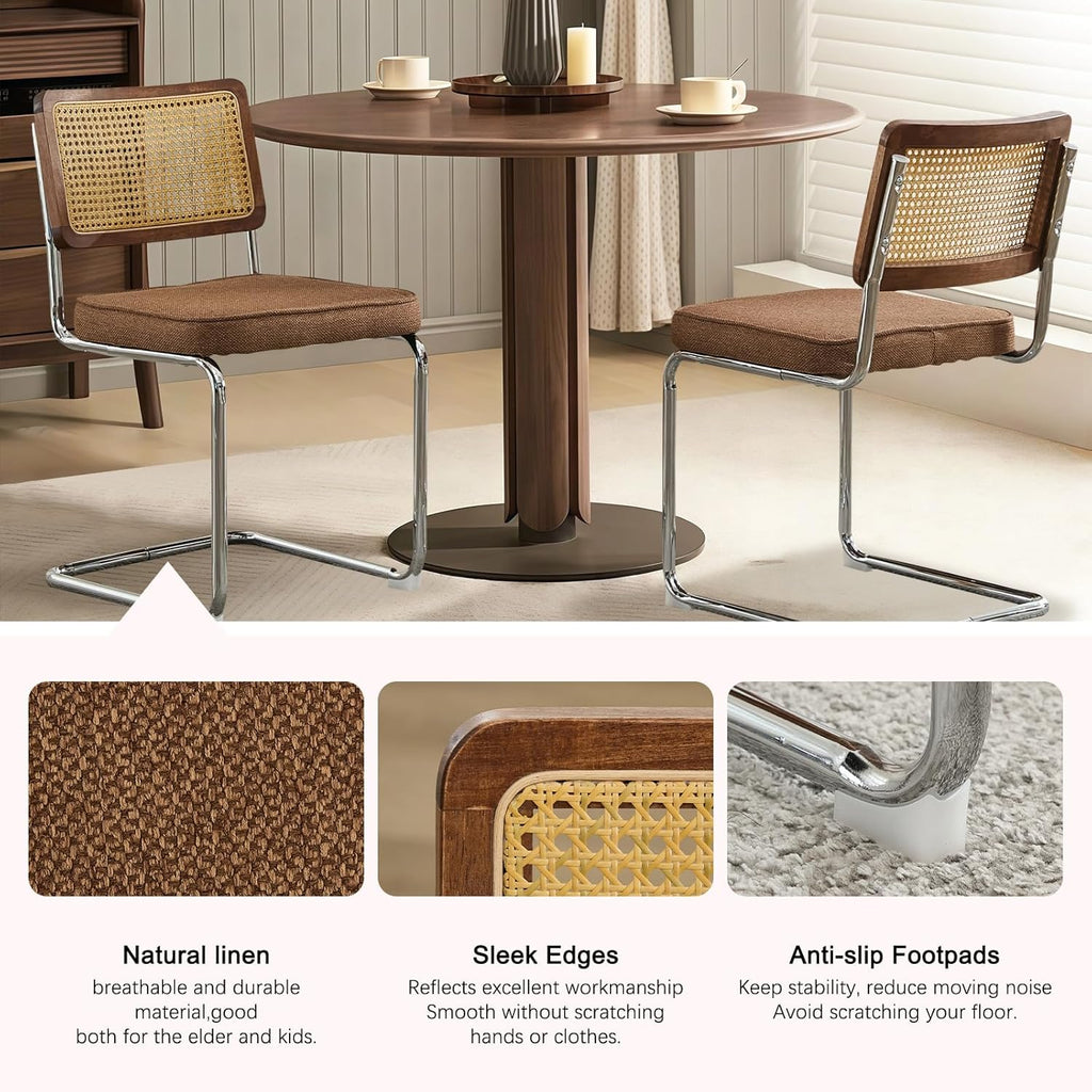 SoarFlash Linen Dining Chair Set of 4 Modern Upholstered Kitchen Chair with Walnut Rattan Cane Back, Stainless Chrome Base for Dining Room, Club(Coffee)