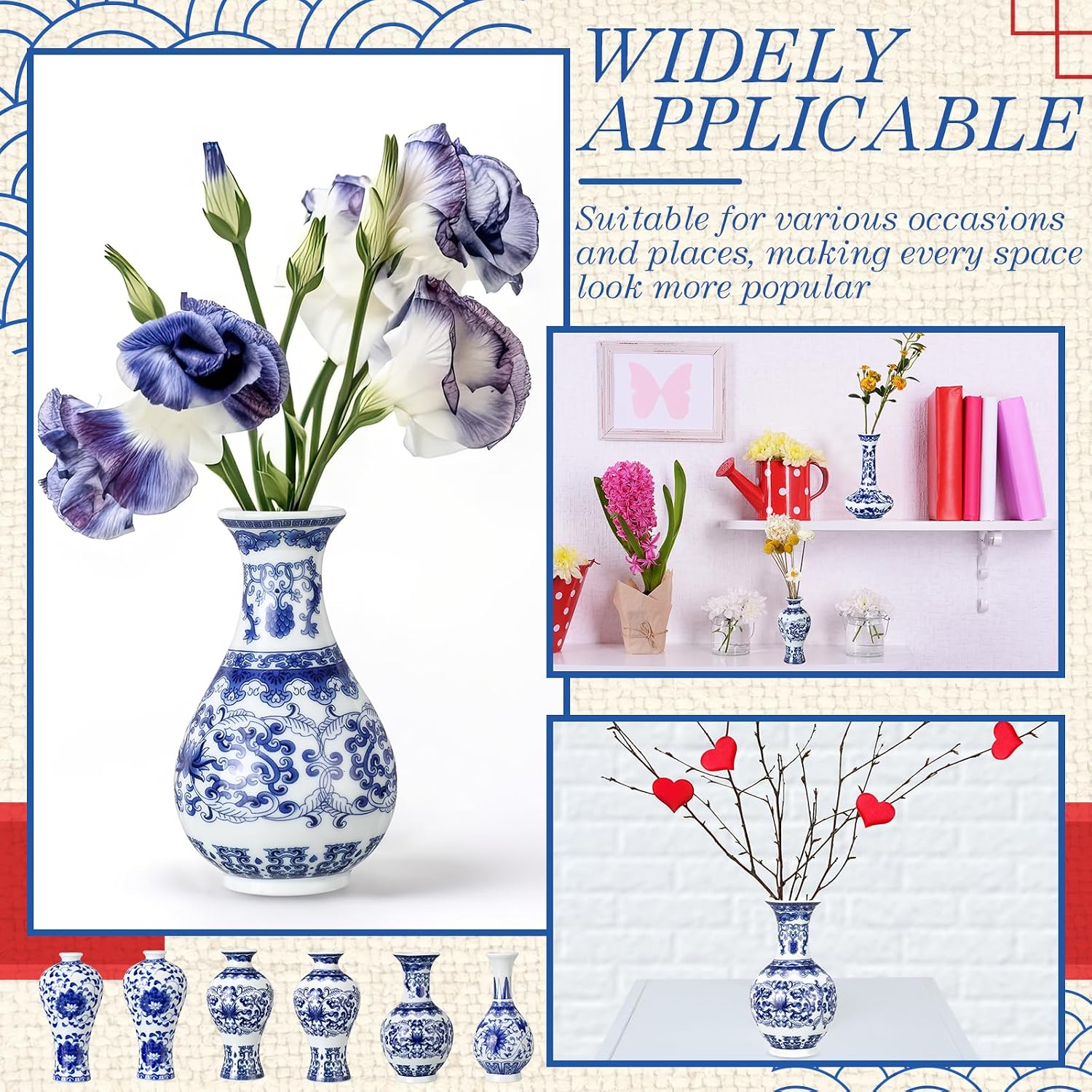 Maxcheck 12 Pcs Small Blue and White Vase Mini Porcelain Chinoiserie Bud Vase Vintage Ceramic Oriental Handmade Chinese Flower Jardiniere for Home Office Shelf Table Centerpieces Decor(Classic)