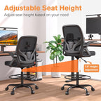 ORRSAKER Drafting Chair, Tall Office Chair with Flip-up Arms, Mesh Ergonomic Computer Standing Desk Chair with Adjustable Height Foot Ring and Lumbar Support, 300 LBS Capacity, Black