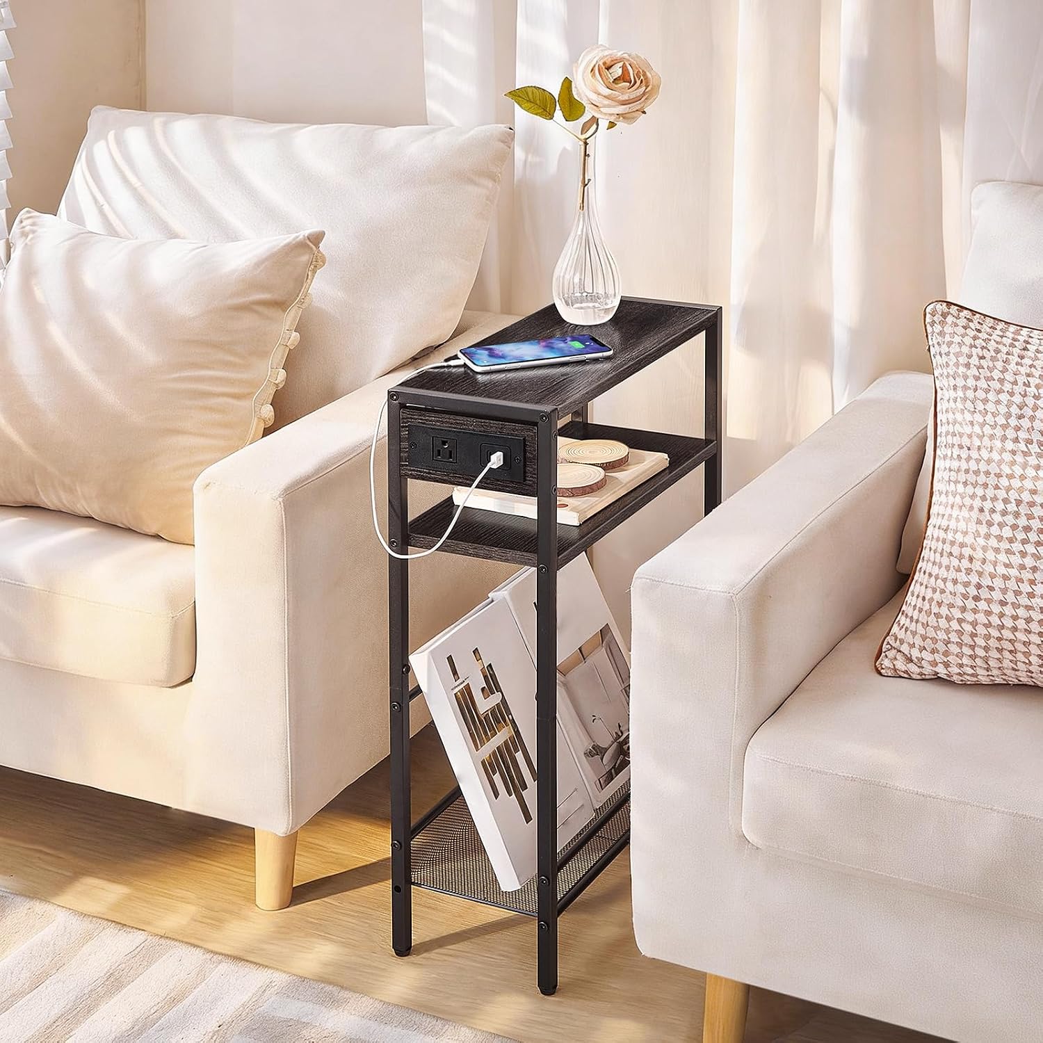 HOOBRO Small Narrow Side Table with Charging Station, Skinny End Table for Small Spaces, Slim Nightstand with USB Ports Outlet, Sofa Beside Table with Storage Shelf, Charcoal Black BC102UBZ01