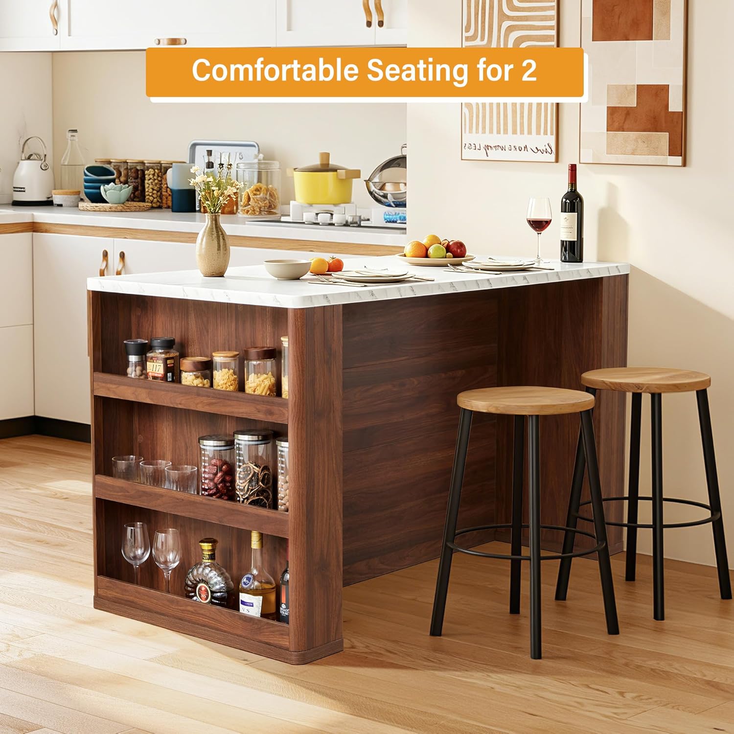 59" Kitchen Island with Storage & Seating for 2, Modern Stationary Kitchen Island with Faux Marble Top, 2 Drawers, Open Shelves & 5 Hooks, Counter Height Prep Table for Dining & Kitchen (Walnut)