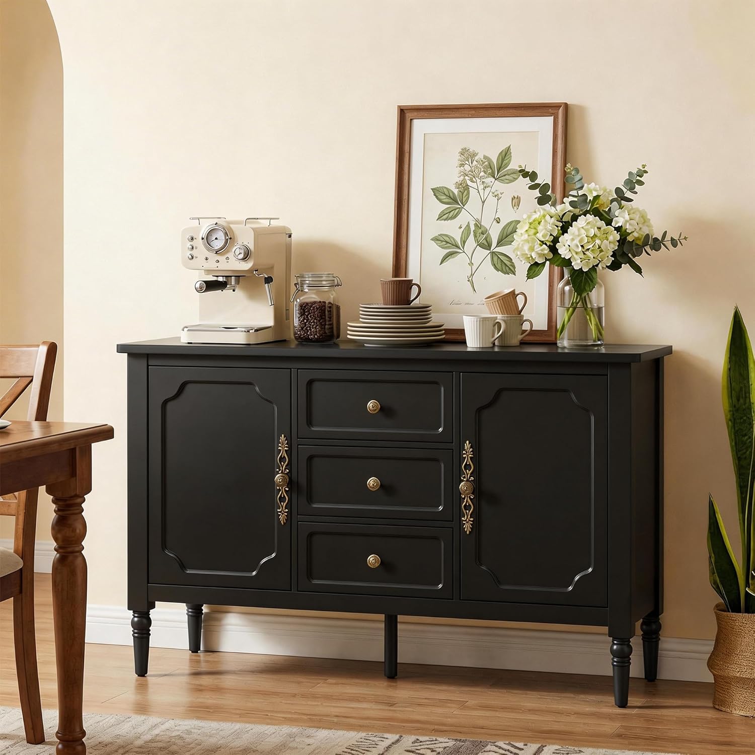 RoyalCraft Buffet Cabinet with Storage, Vintage Sideboard with 2 Doors & 3 Drawers, Coffee Bar Table with Solid Wood Legs, Mid Century Modern Painted Credenza for Kitchen, Dining Room, Black