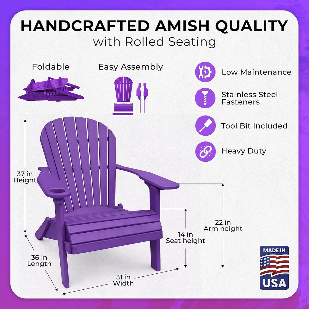Ecommersify Folding Adirondack Chair with Cup Holder - (Bright Purple) - Heavy Duty Recycled Poly Lumber Folding Chair - Amish Crafted Outdoor Furniture - Made in USA