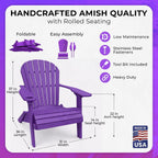 Ecommersify Folding Adirondack Chair with Cup Holder - (Bright Purple) - Heavy Duty Recycled Poly Lumber Folding Chair - Amish Crafted Outdoor Furniture - Made in USA