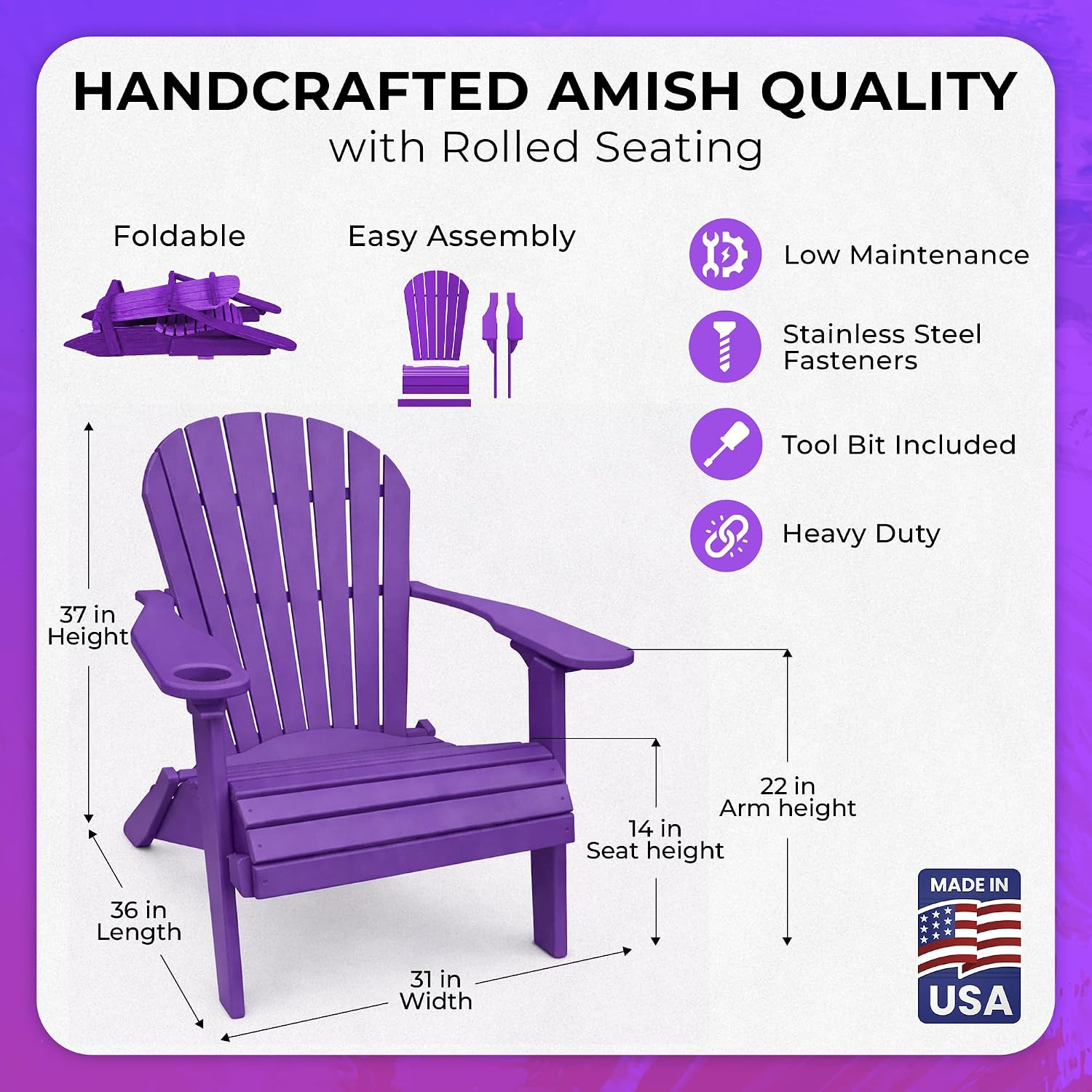 Ecommersify Folding Adirondack Chair with Cup Holder - (Bright Purple) - Heavy Duty Recycled Poly Lumber Folding Chair - Amish Crafted Outdoor Furniture - Made in USA