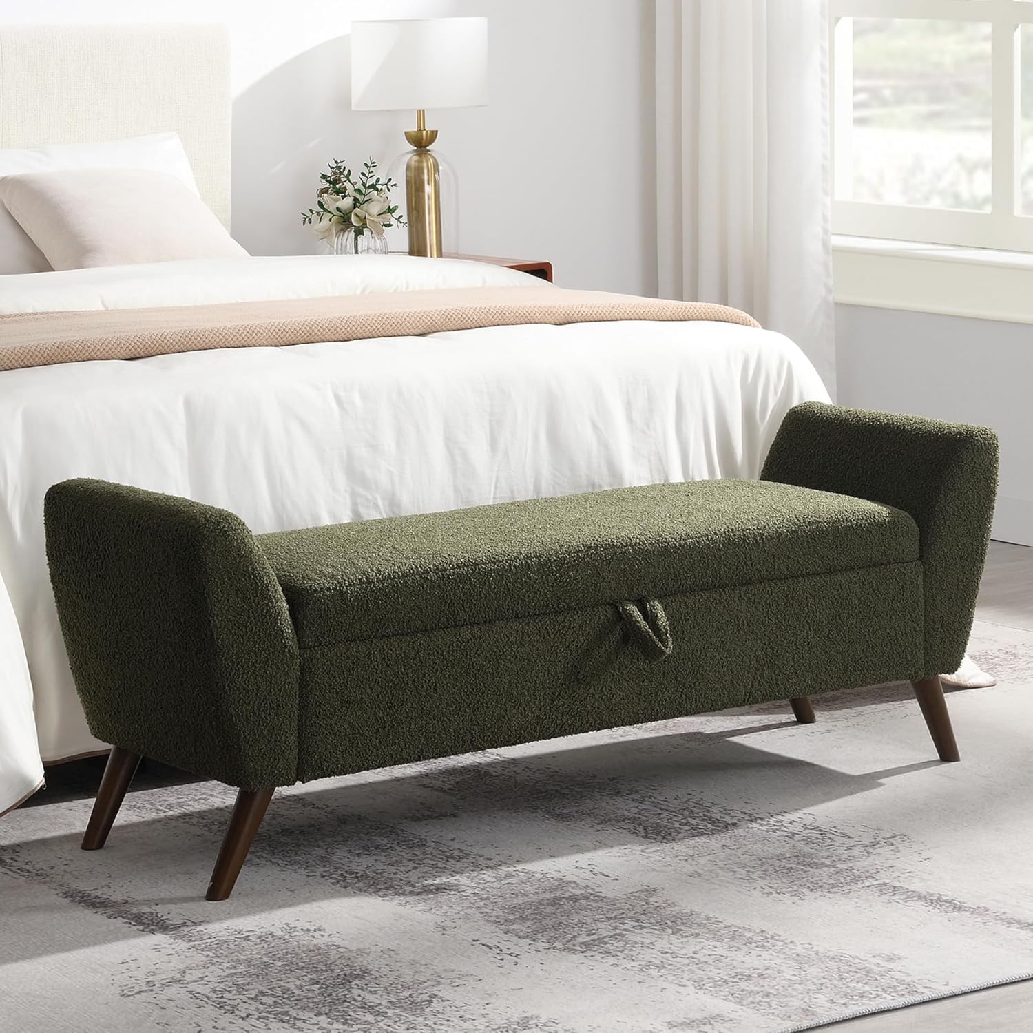 60'' Modern Upholstered Storage Ottoman Bench with Mid-Century Wood Legs, Entryway Bench with Hidden Storage for Living Room, Bedroom, and End of Bed, Comfort Padded Seat (B-Green)