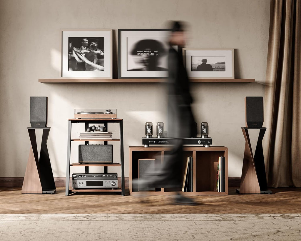 FITUEYES 4-Tier AV Media Stand Corner Shelf for Record Player Wooden Stereo Cabinet Audio Rack Tower with Height Adjustable Wooden Shelves for ps4 (Walnut)