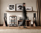FITUEYES 4-Tier AV Media Stand Corner Shelf for Record Player Wooden Stereo Cabinet Audio Rack Tower with Height Adjustable Wooden Shelves for ps4 (Walnut)