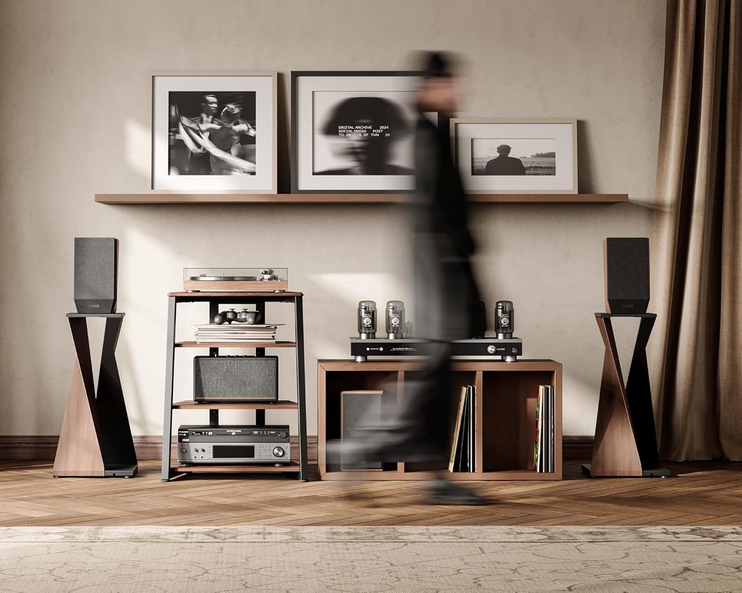 FITUEYES 4-Tier AV Media Stand Corner Shelf for Record Player Wooden Stereo Cabinet Audio Rack Tower with Height Adjustable Wooden Shelves for ps4 (Walnut)